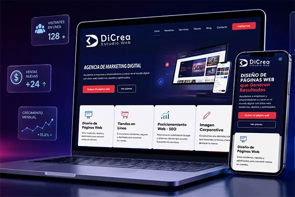 agencia de marketing digital muestra una laptop con diseños y productos de marketing digital